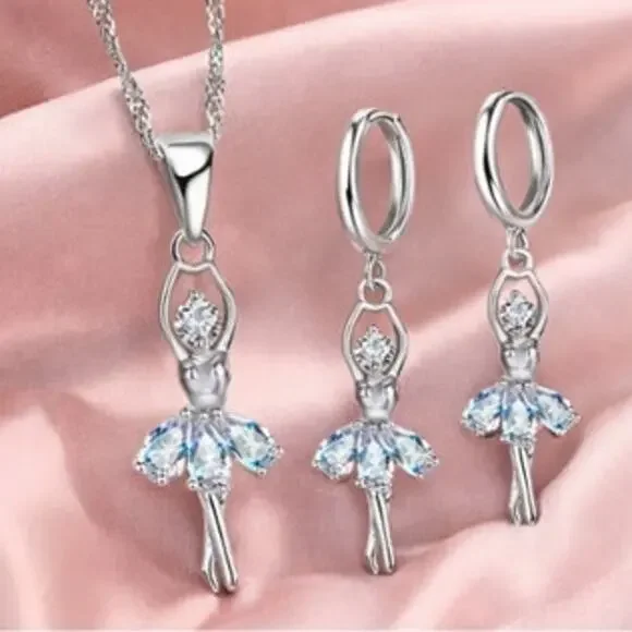 Sterling Silver Plated 925 CZ Ballerina Necklace & Hoop Earring Set - Picture 4 of 5
